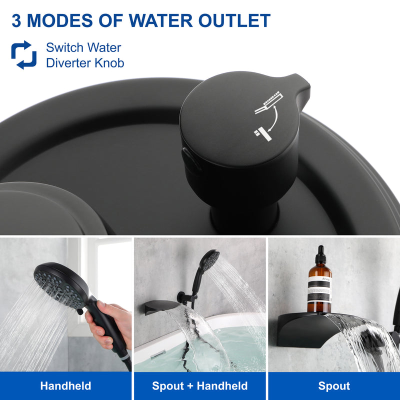 3-Hole Tub Faucet with 7-setting ABS Handheld Shower Wall Mount Waterfall Tub Filler Trim in Matte Black, Brushed Nickel, Brushed Gold