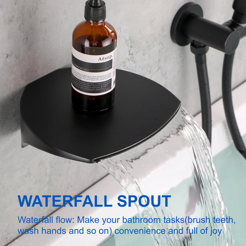 3-Hole Tub Faucet with 7-setting ABS Handheld Shower Wall Mount Waterfall Tub Filler Trim in Matte Black, Brushed Nickel, Brushed Gold