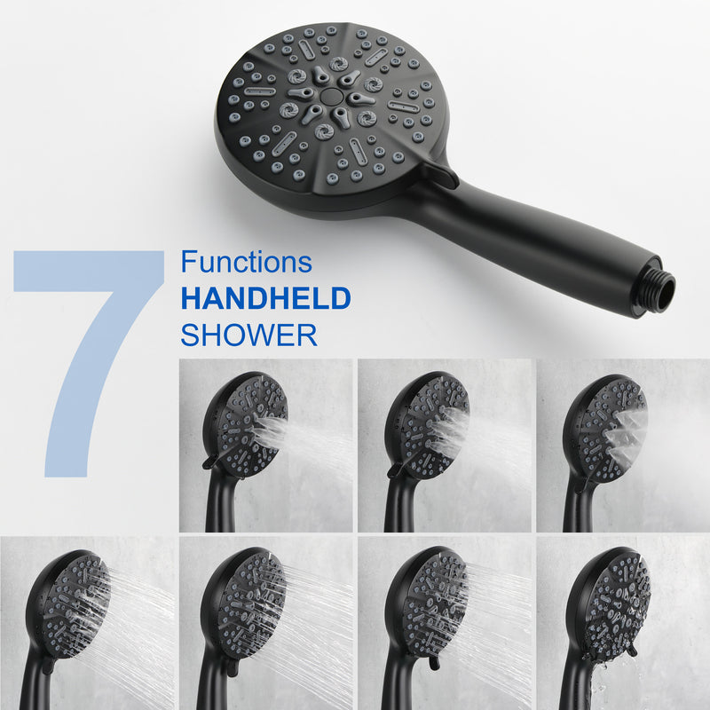 3-Hole Tub Faucet with 7-setting ABS Handheld Shower Wall Mount Waterfall Tub Filler Trim in Matte Black, Brushed Nickel, Brushed Gold