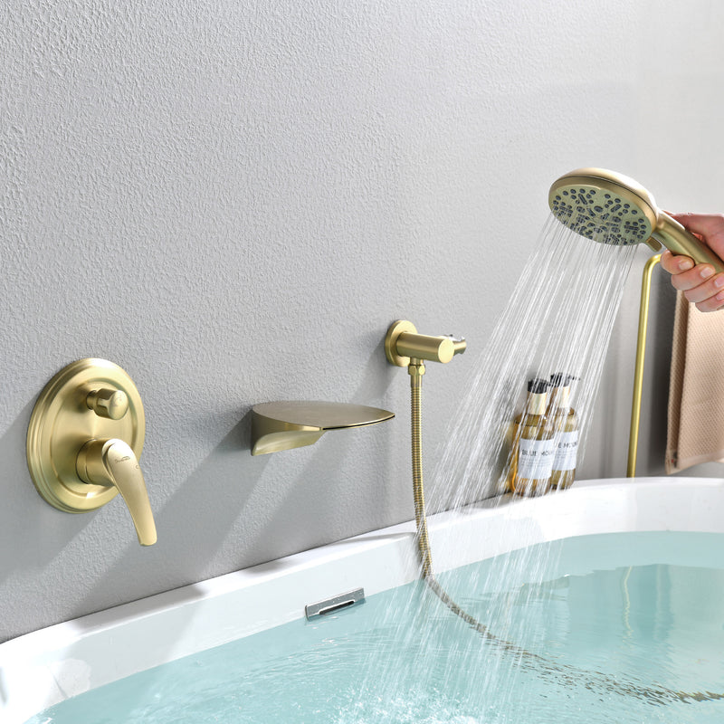 3-Hole Tub Faucet with 7-setting ABS Handheld Shower Wall Mount Waterfall Tub Filler Trim in Matte Black, Brushed Nickel, Brushed Gold