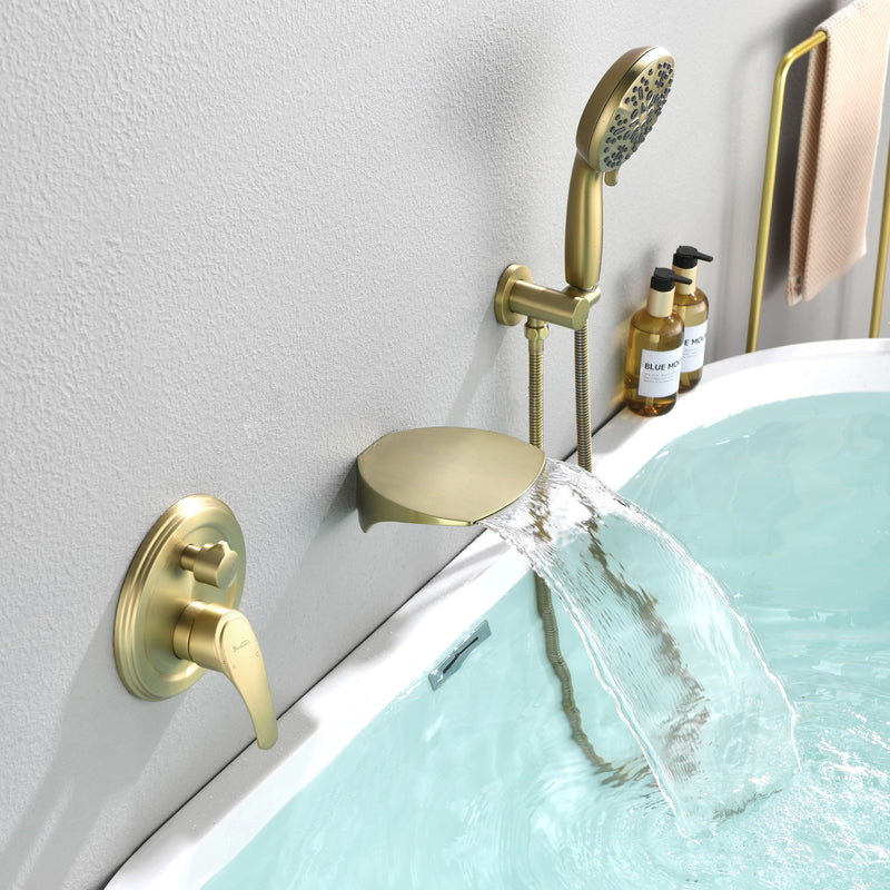 3-Hole Tub Faucet with 7-setting ABS Handheld Shower Wall Mount Waterfall Tub Filler Trim in Matte Black, Brushed Nickel, Brushed Gold