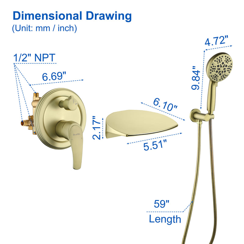 3-Hole Tub Faucet with 7-setting ABS Handheld Shower Wall Mount Waterfall Tub Filler Trim in Matte Black, Brushed Nickel, Brushed Gold