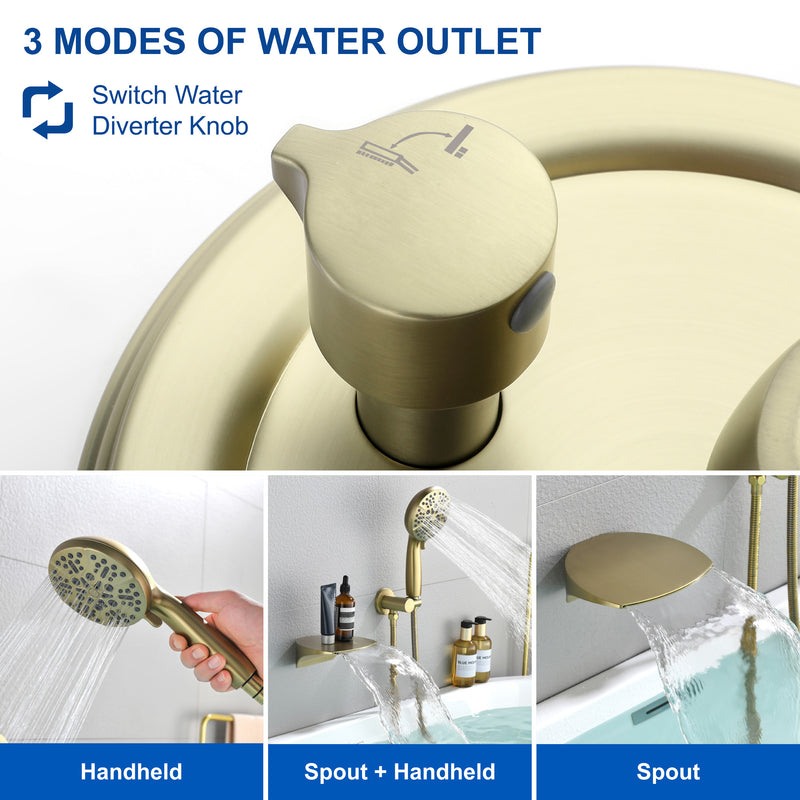 3-Hole Tub Faucet with 7-setting ABS Handheld Shower Wall Mount Waterfall Tub Filler Trim in Matte Black, Brushed Nickel, Brushed Gold