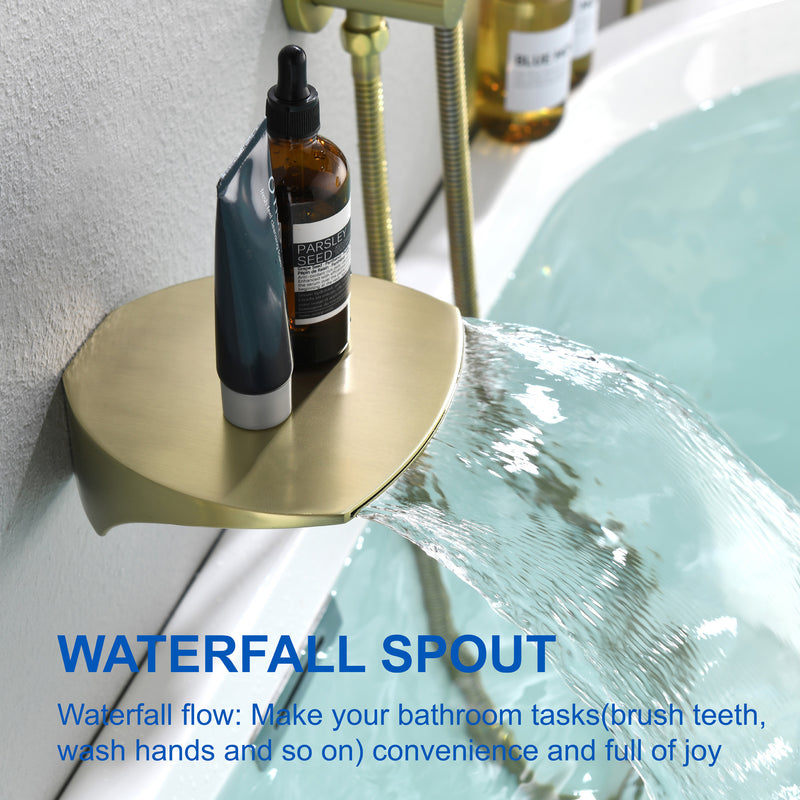 3-Hole Tub Faucet with 7-setting ABS Handheld Shower Wall Mount Waterfall Tub Filler Trim in Matte Black, Brushed Nickel, Brushed Gold