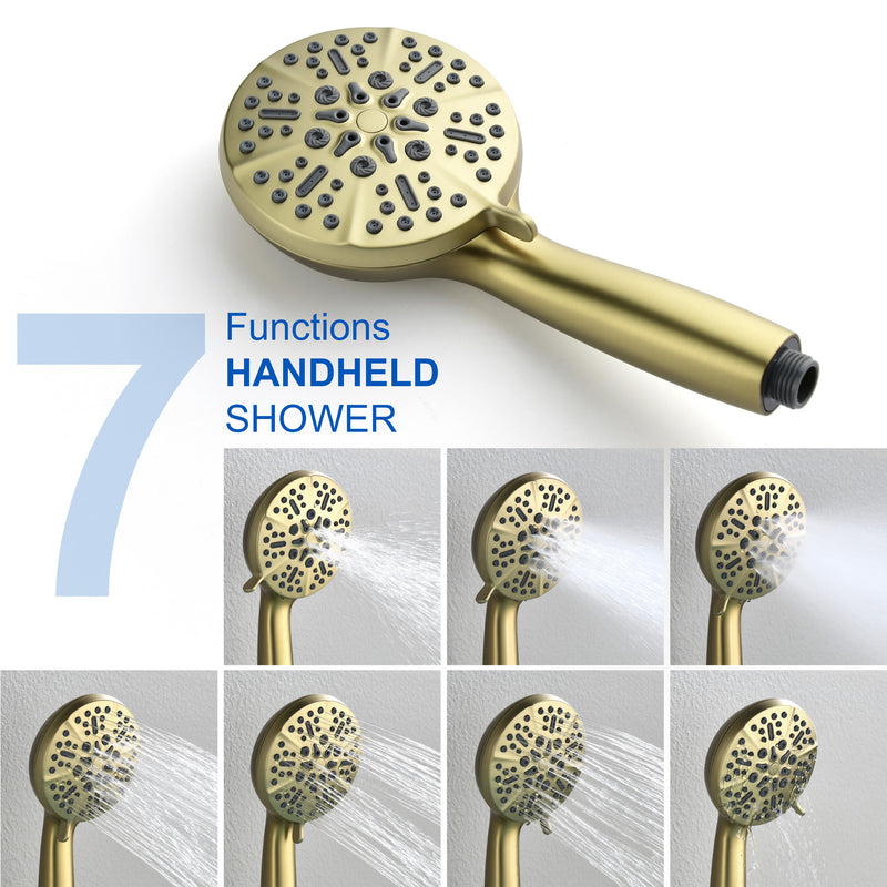 3-Hole Tub Faucet with 7-setting ABS Handheld Shower Wall Mount Waterfall Tub Filler Trim in Matte Black, Brushed Nickel, Brushed Gold