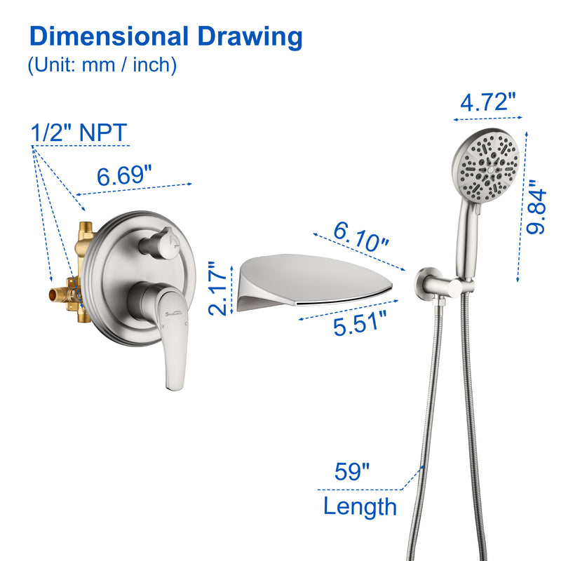 3-Hole Tub Faucet with 7-setting ABS Handheld Shower Wall Mount Waterfall Tub Filler Trim in Matte Black, Brushed Nickel, Brushed Gold