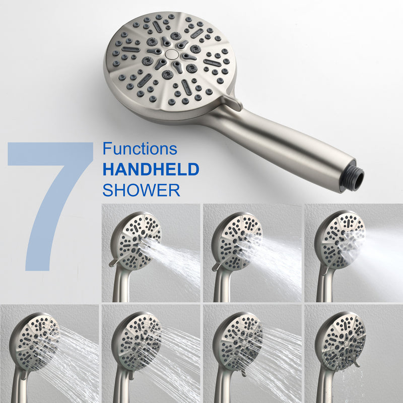 3-Hole Tub Faucet with 7-setting ABS Handheld Shower Wall Mount Waterfall Tub Filler Trim in Matte Black, Brushed Nickel, Brushed Gold