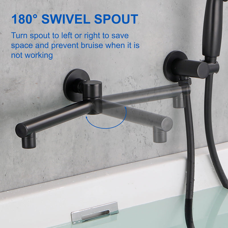 Wall Mounted bathtub faucet with 180 Degree Swivel Spout & 7 mode Handheld shower - Brushed Gold, Bruhsed Nickel, Matte Black