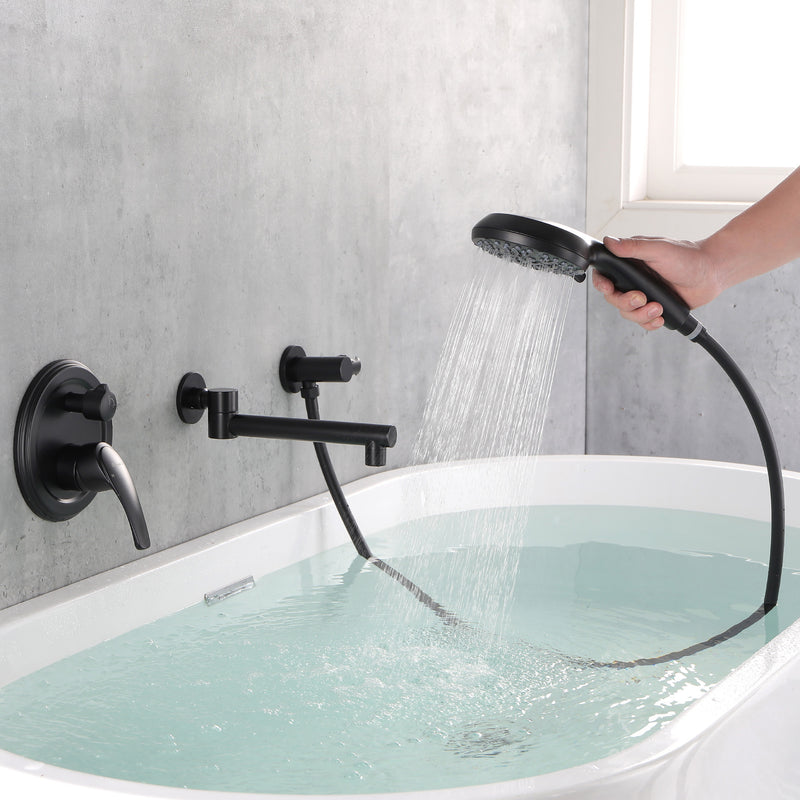 Wall Mounted bathtub faucet with 180 Degree Swivel Spout & 7 mode Handheld shower - Brushed Gold, Bruhsed Nickel, Matte Black
