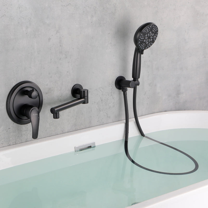 Wall Mounted bathtub faucet with 180 Degree Swivel Spout & 7 mode Handheld shower - Brushed Gold, Bruhsed Nickel, Matte Black