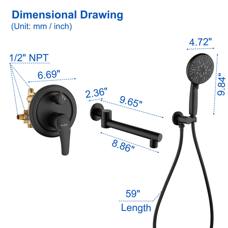 Wall Mounted bathtub faucet with 180 Degree Swivel Spout & 7 mode Handheld shower - Brushed Gold, Bruhsed Nickel, Matte Black