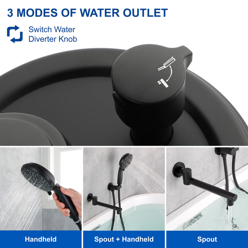 Wall Mounted bathtub faucet with 180 Degree Swivel Spout & 7 mode Handheld shower - Brushed Gold, Bruhsed Nickel, Matte Black