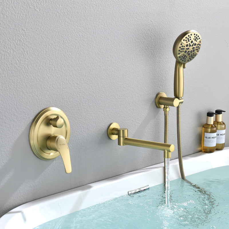 Wall Mounted bathtub faucet with 180 Degree Swivel Spout & 7 mode Handheld shower - Brushed Gold, Bruhsed Nickel, Matte Black