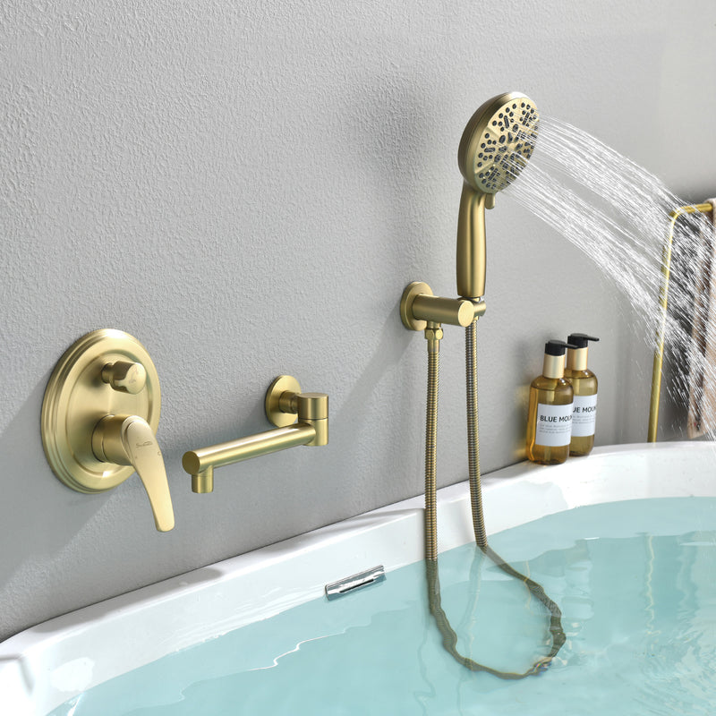 Wall Mounted bathtub faucet with 180 Degree Swivel Spout & 7 mode Handheld shower - Brushed Gold, Bruhsed Nickel, Matte Black