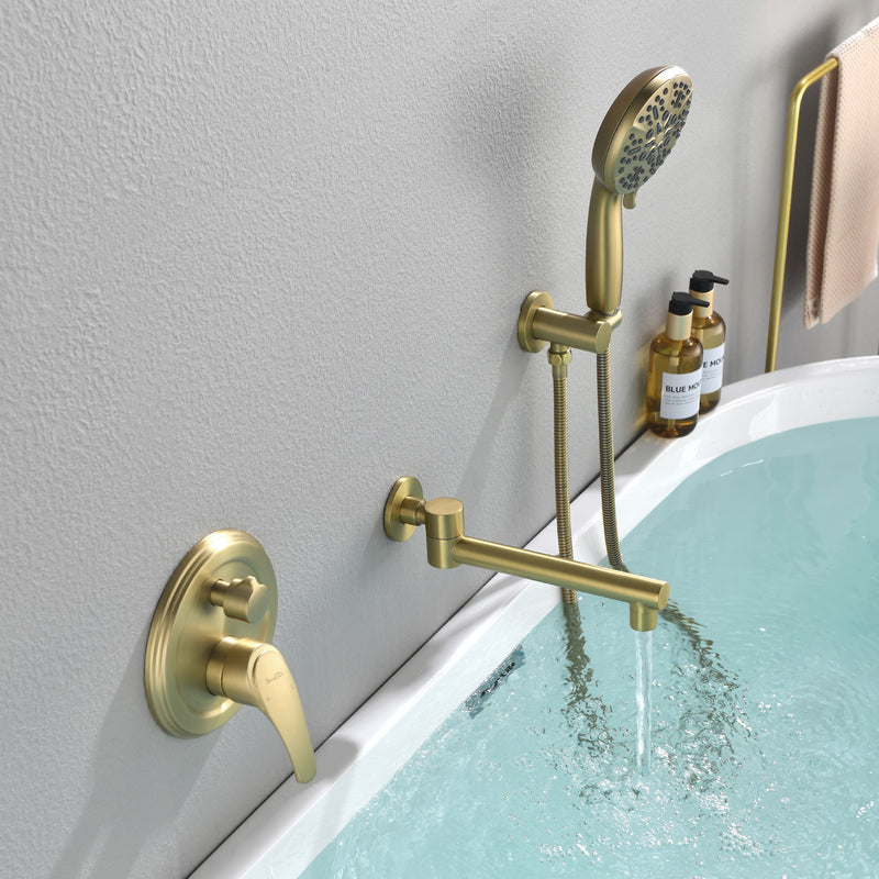 Wall Mounted bathtub faucet with 180 Degree Swivel Spout & 7 mode Handheld shower - Brushed Gold, Bruhsed Nickel, Matte Black