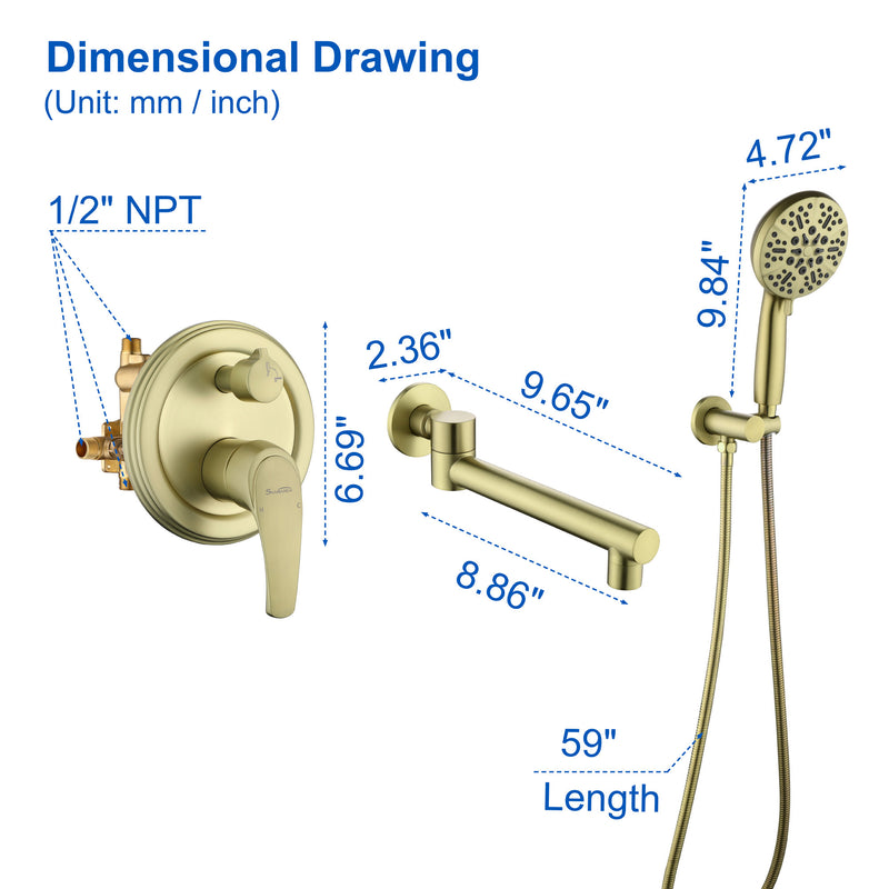Wall Mounted bathtub faucet with 180 Degree Swivel Spout & 7 mode Handheld shower - Brushed Gold, Bruhsed Nickel, Matte Black