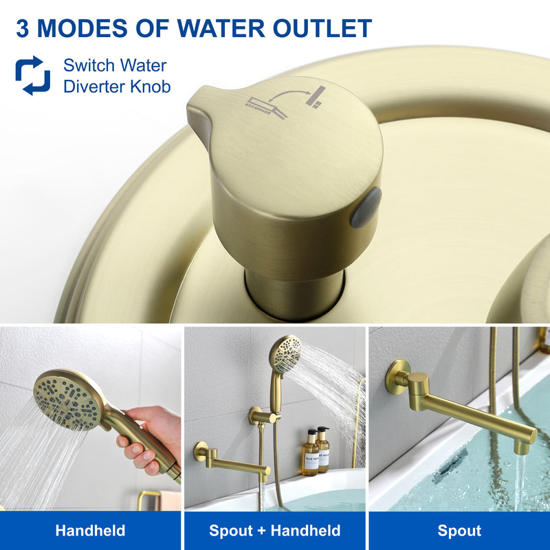 Wall Mounted bathtub faucet with 180 Degree Swivel Spout & 7 mode Handheld shower - Brushed Gold, Bruhsed Nickel, Matte Black