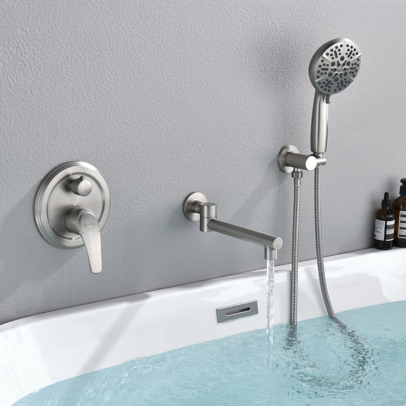 Wall Mounted bathtub faucet with 180 Degree Swivel Spout & 7 mode Handheld shower - Brushed Gold, Bruhsed Nickel, Matte Black