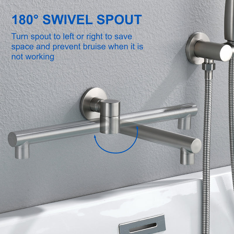 Wall Mounted bathtub faucet with 180 Degree Swivel Spout & 7 mode Handheld shower - Brushed Gold, Bruhsed Nickel, Matte Black