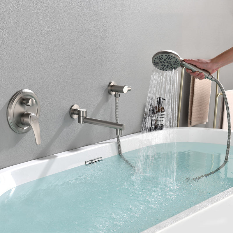 Wall Mounted bathtub faucet with 180 Degree Swivel Spout & 7 mode Handheld shower - Brushed Gold, Bruhsed Nickel, Matte Black