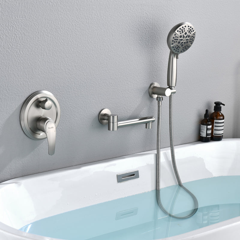 Wall Mounted bathtub faucet with 180 Degree Swivel Spout & 7 mode Handheld shower - Brushed Gold, Bruhsed Nickel, Matte Black