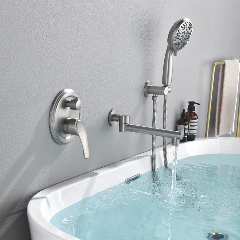 Wall Mounted bathtub faucet with 180 Degree Swivel Spout & 7 mode Handheld shower - Brushed Gold, Bruhsed Nickel, Matte Black