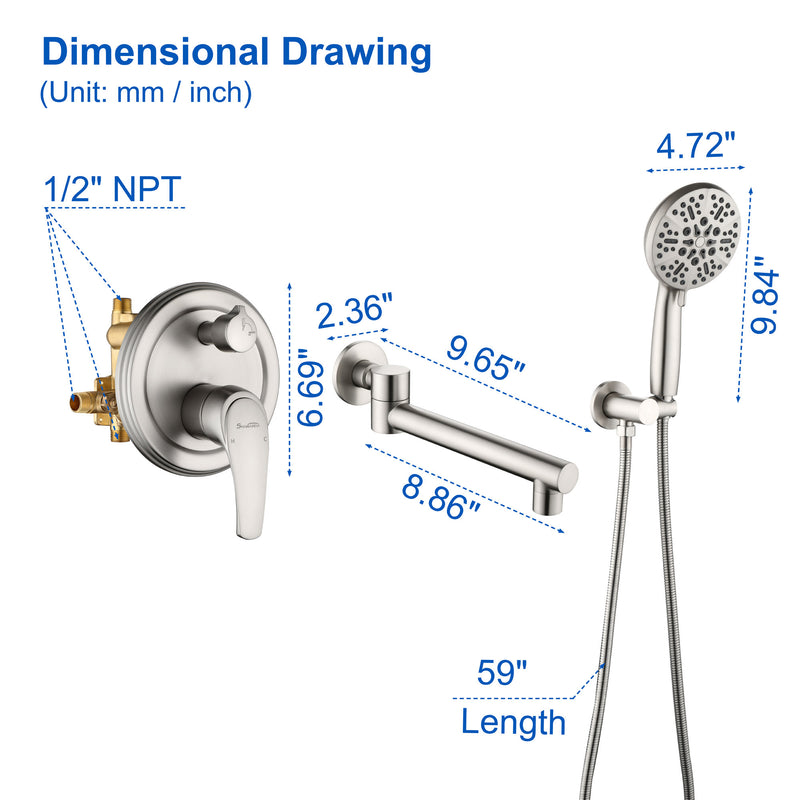 Wall Mounted bathtub faucet with 180 Degree Swivel Spout & 7 mode Handheld shower - Brushed Gold, Bruhsed Nickel, Matte Black