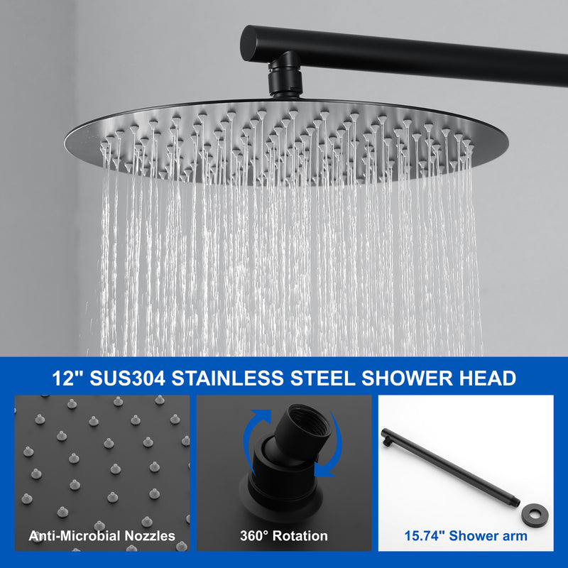 2 Way Shower System with 12 inch Round Overhead Shower and 5-Setting Handheld Shower Head