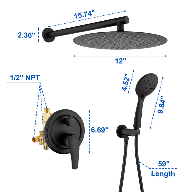 2 Way Shower System with 12 inch Round Overhead Shower and 5-Setting Handheld Shower Head