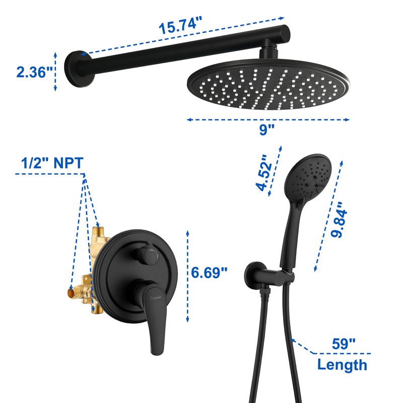 Wall Mounted Shower System Set with 9" Rain Shower head and 5-Setting High Pressure Handheld Shower