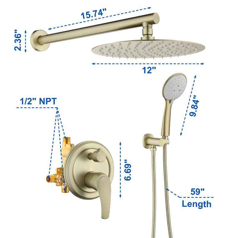 2 Way Shower System with 12 inch Round Overhead Shower and 5-Setting Handheld Shower Head
