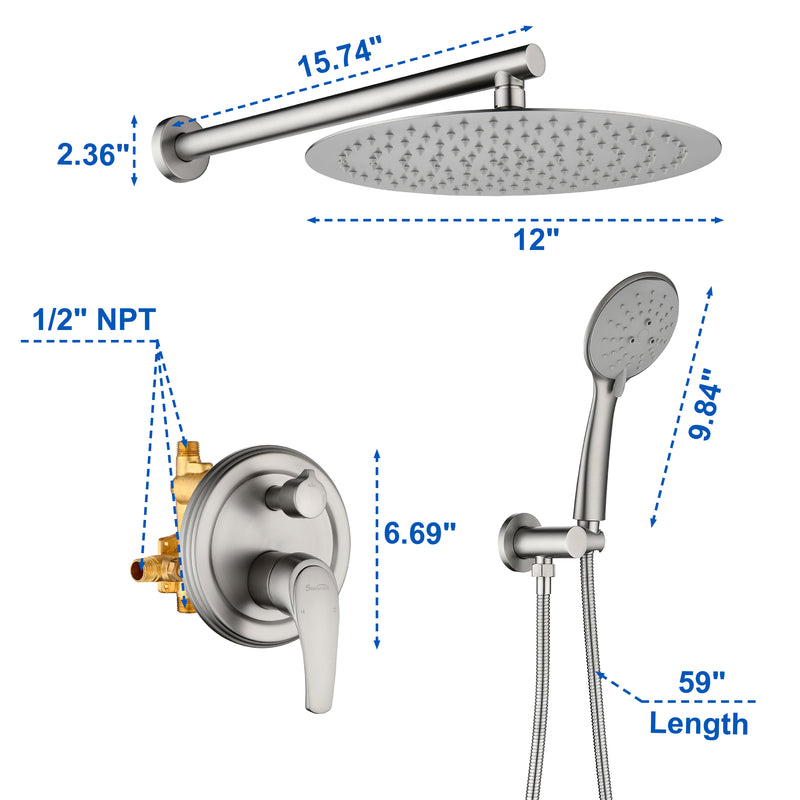 2 Way Shower System with 12 inch Round Overhead Shower and 5-Setting Handheld Shower Head