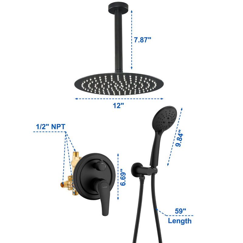 Ceiling-mounted Shower System with 12" Square Rain Shower Head and 5-Setting High Pressure Handheld Shower