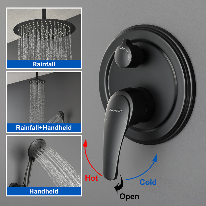 Ceiling-mounted Shower System with 12" Square Rain Shower Head and 5-Setting High Pressure Handheld Shower