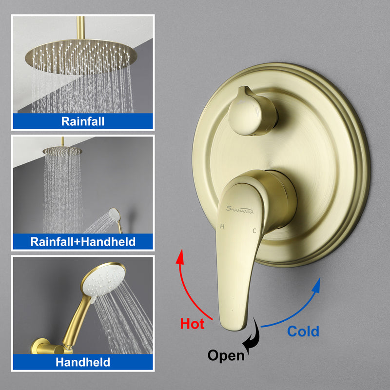 Ceiling-mounted Shower System with 12" Square Rain Shower Head and 5-Setting High Pressure Handheld Shower