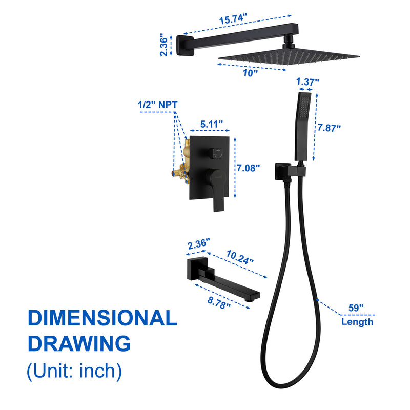 3-Function Concealed Shower Mixer with 10-Inch Rainfall Shower Head, High Pressure Handheld Shower & Tub Spout - Matte Black, Brushed Nickel, Brushed Gold