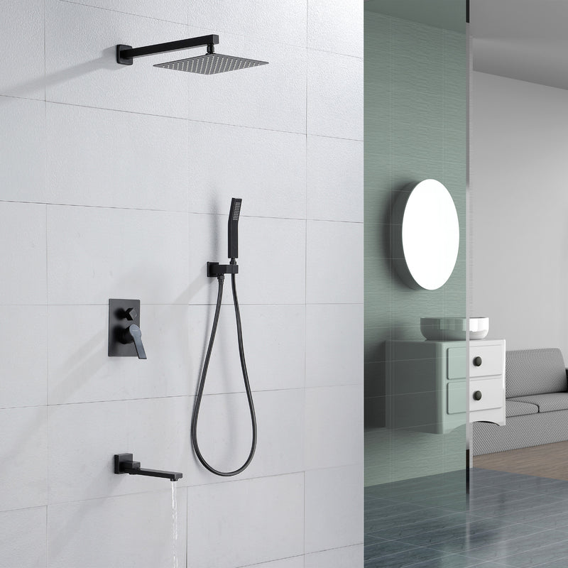 3-Way Bath and Shower Faucet 12" Rainfall Shower Head Faucet with Handheld Spray & 180 Degree Swivel Tub Spout Tap
