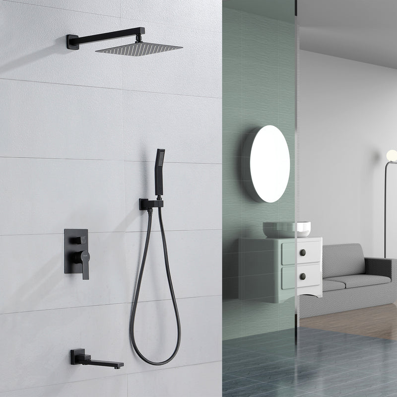 3-Way Bath and Shower Faucet 12" Rainfall Shower Head Faucet with Handheld Spray & 180 Degree Swivel Tub Spout Tap