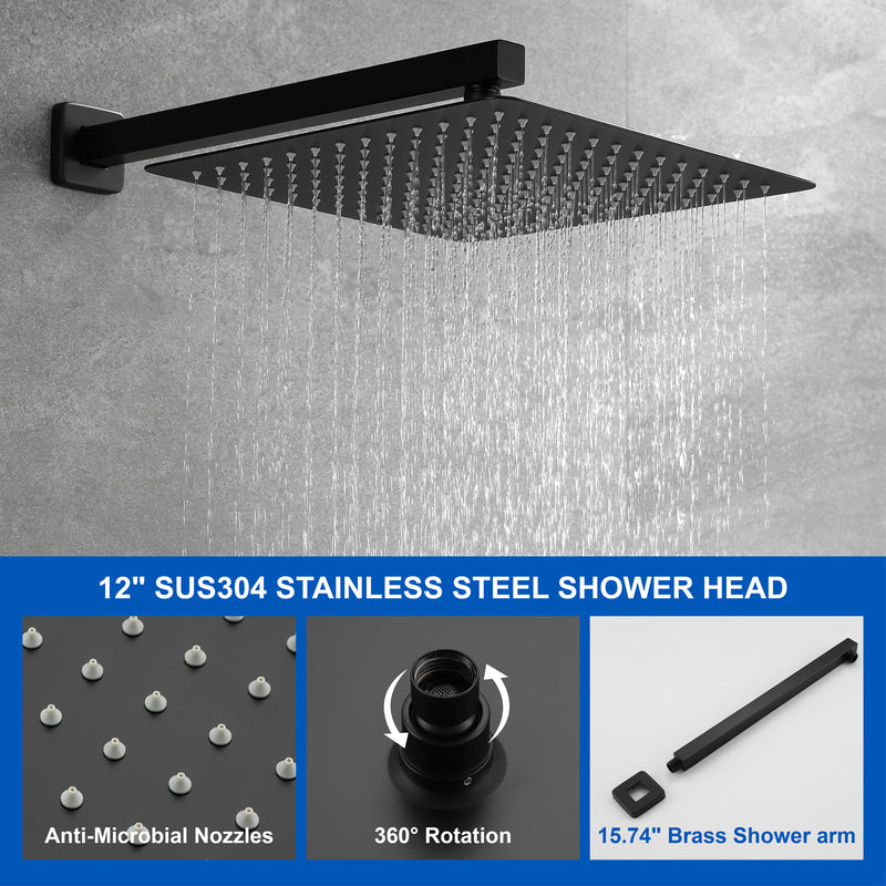 3-Way Bath and Shower Faucet 12" Rainfall Shower Head Faucet with Handheld Spray & 180 Degree Swivel Tub Spout Tap