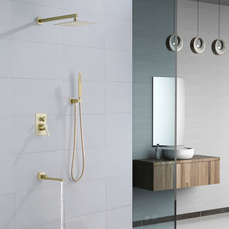 3-Function Concealed Shower Mixer with 10-Inch Rainfall Shower Head, High Pressure Handheld Shower & Tub Spout - Matte Black, Brushed Nickel, Brushed Gold