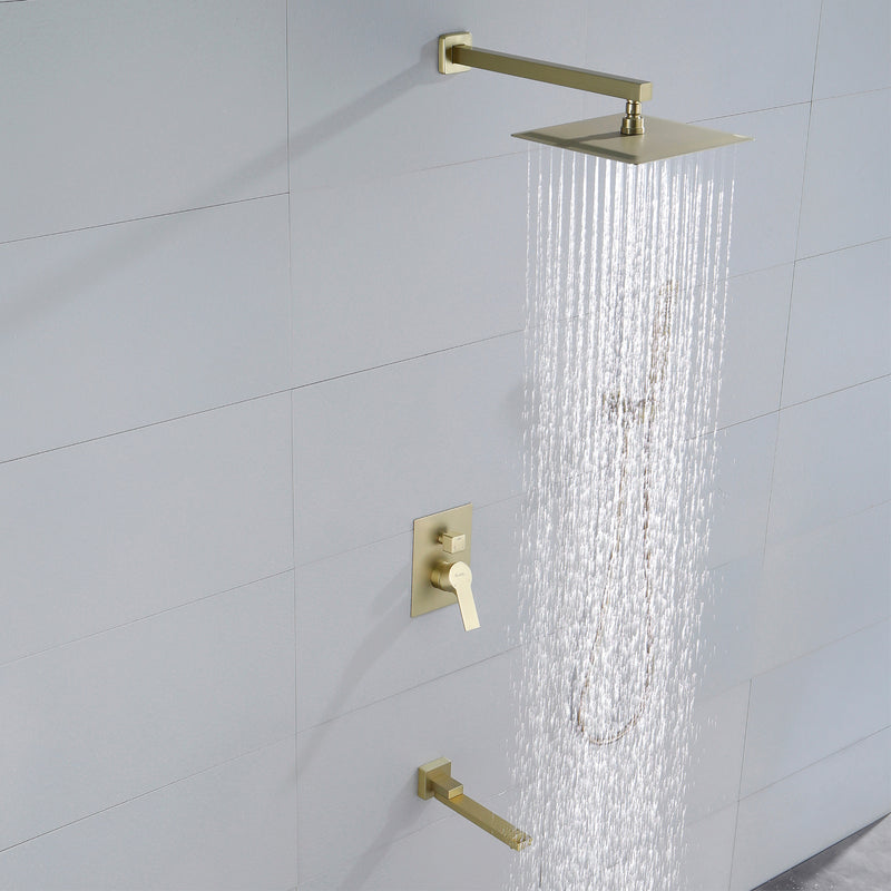 3-Function Concealed Shower Mixer with 10-Inch Rainfall Shower Head, High Pressure Handheld Shower & Tub Spout - Matte Black, Brushed Nickel, Brushed Gold