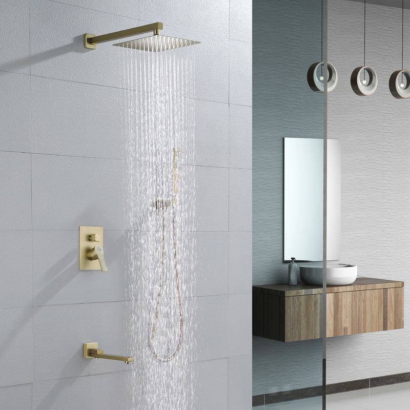 3-Function Concealed Shower Mixer with 10-Inch Rainfall Shower Head, High Pressure Handheld Shower & Tub Spout - Matte Black, Brushed Nickel, Brushed Gold