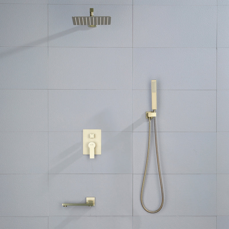 3-Function Concealed Shower Mixer with 10-Inch Rainfall Shower Head, High Pressure Handheld Shower & Tub Spout - Matte Black, Brushed Nickel, Brushed Gold