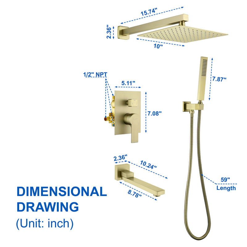 3-Function Concealed Shower Mixer with 10-Inch Rainfall Shower Head, High Pressure Handheld Shower & Tub Spout - Matte Black, Brushed Nickel, Brushed Gold