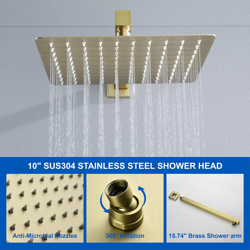 3-Function Concealed Shower Mixer with 10-Inch Rainfall Shower Head, High Pressure Handheld Shower & Tub Spout - Matte Black, Brushed Nickel, Brushed Gold