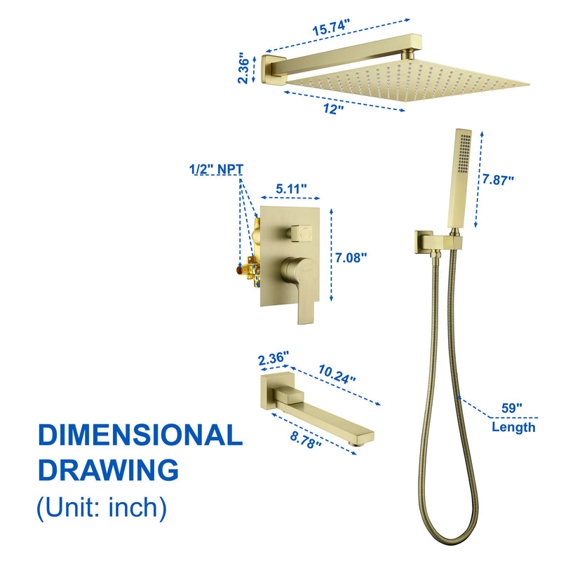 3-Way Bath and Shower Faucet 12" Rainfall Shower Head Faucet with Handheld Spray & 180 Degree Swivel Tub Spout Tap