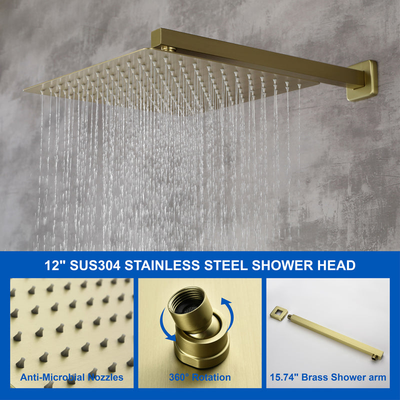 3-Way Bath and Shower Faucet 12" Rainfall Shower Head Faucet with Handheld Spray & 180 Degree Swivel Tub Spout Tap