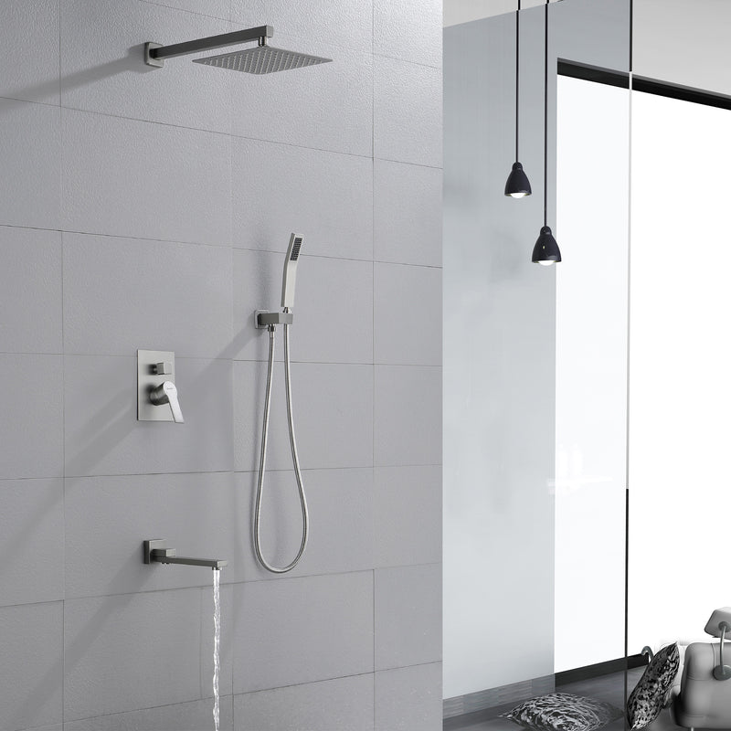 3-Function Concealed Shower Mixer with 10-Inch Rainfall Shower Head, High Pressure Handheld Shower & Tub Spout - Matte Black, Brushed Nickel, Brushed Gold