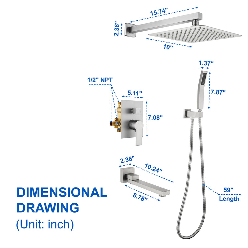 3-Function Concealed Shower Mixer with 10-Inch Rainfall Shower Head, High Pressure Handheld Shower & Tub Spout - Matte Black, Brushed Nickel, Brushed Gold