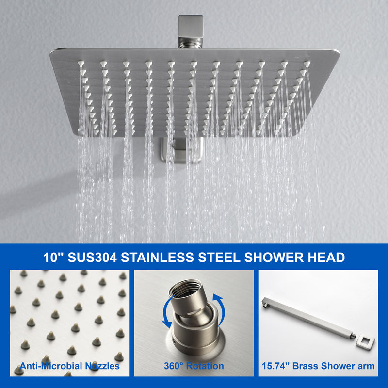 3-Function Concealed Shower Mixer with 10-Inch Rainfall Shower Head, High Pressure Handheld Shower & Tub Spout - Matte Black, Brushed Nickel, Brushed Gold